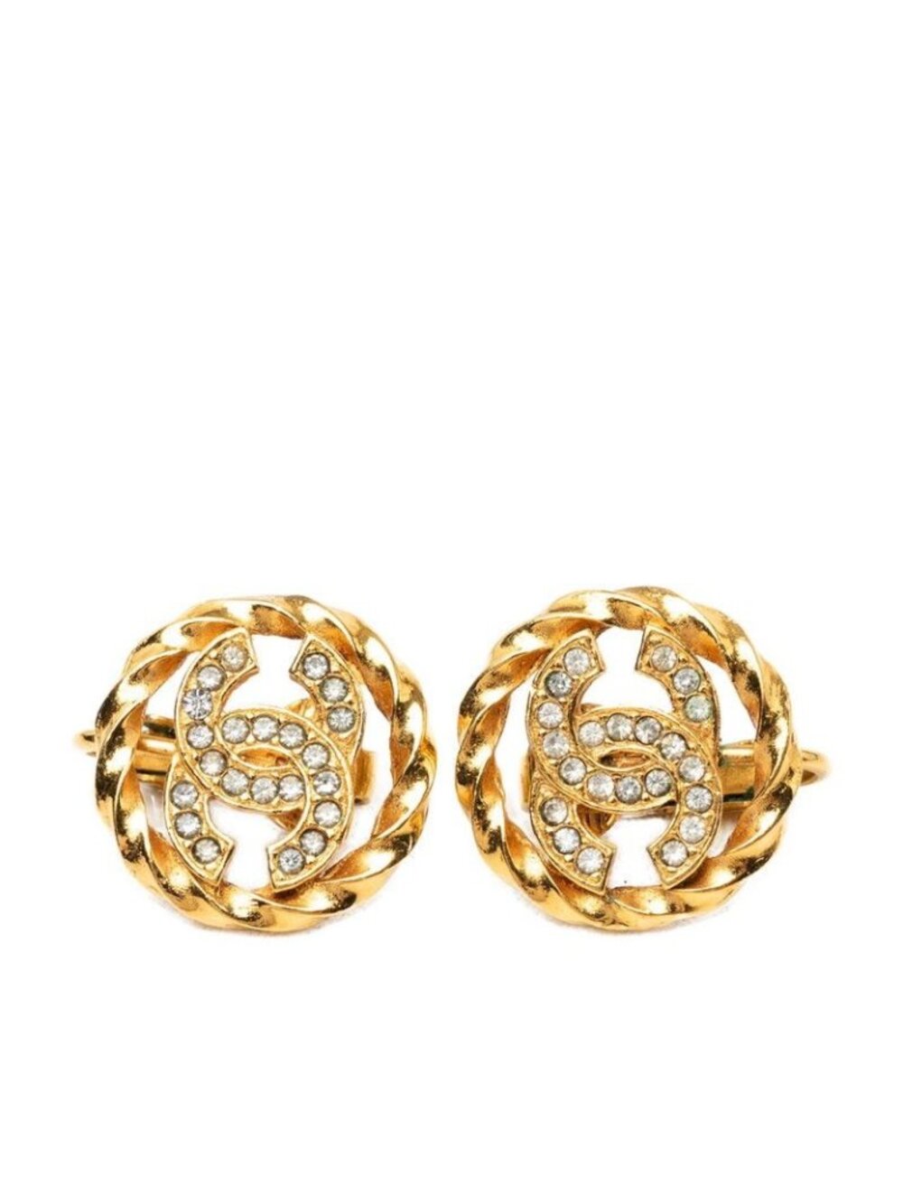 Chanel CC Logo Round Earrings Gold Plated Rhinestone